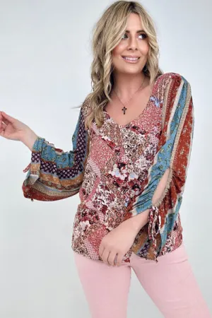 Floral Print Woven W/Stripe Ruched Sleeves Top