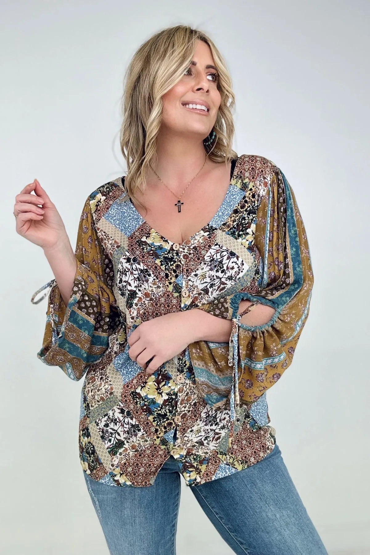 Floral Print Woven W/Stripe Ruched Sleeves Top