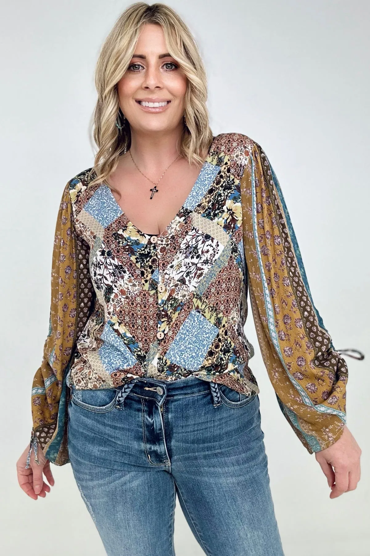 Floral Print Woven W/Stripe Ruched Sleeves Top