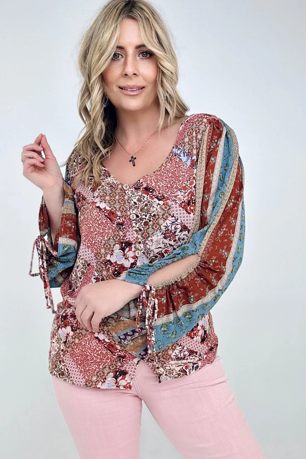 Floral Print Woven W/Stripe Ruched Sleeves Top