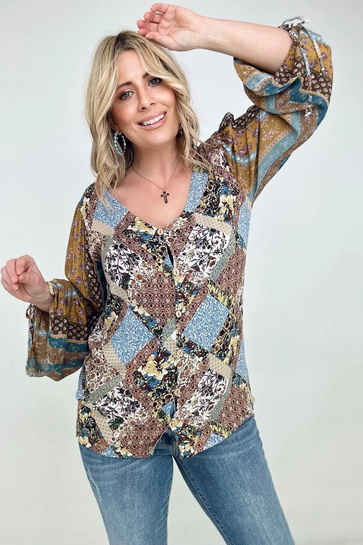 Floral Print Woven W/Stripe Ruched Sleeves Top