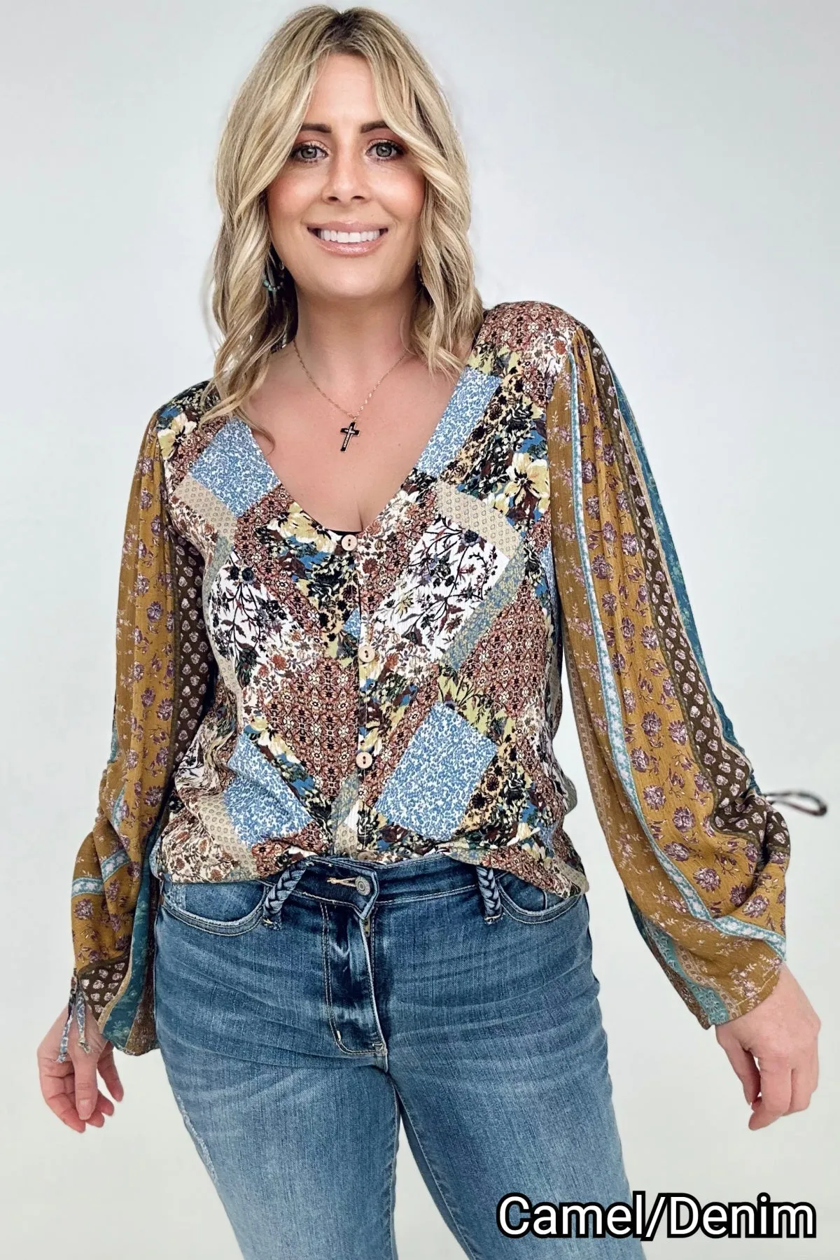 Floral Print Woven W/Stripe Ruched Sleeves Top