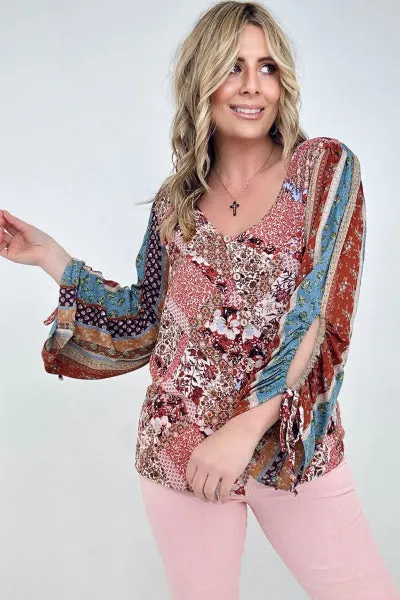 Floral Print Woven W/Stripe Ruched Sleeves Top