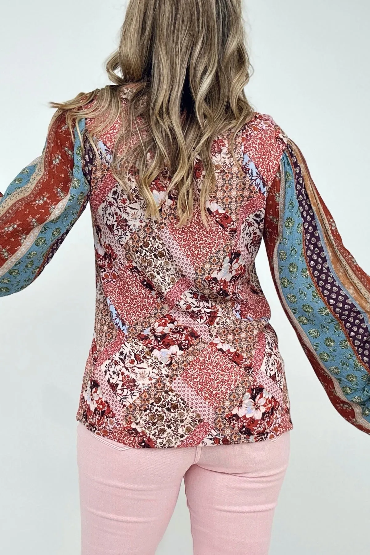 Floral Print Woven W/Stripe Ruched Sleeves Top