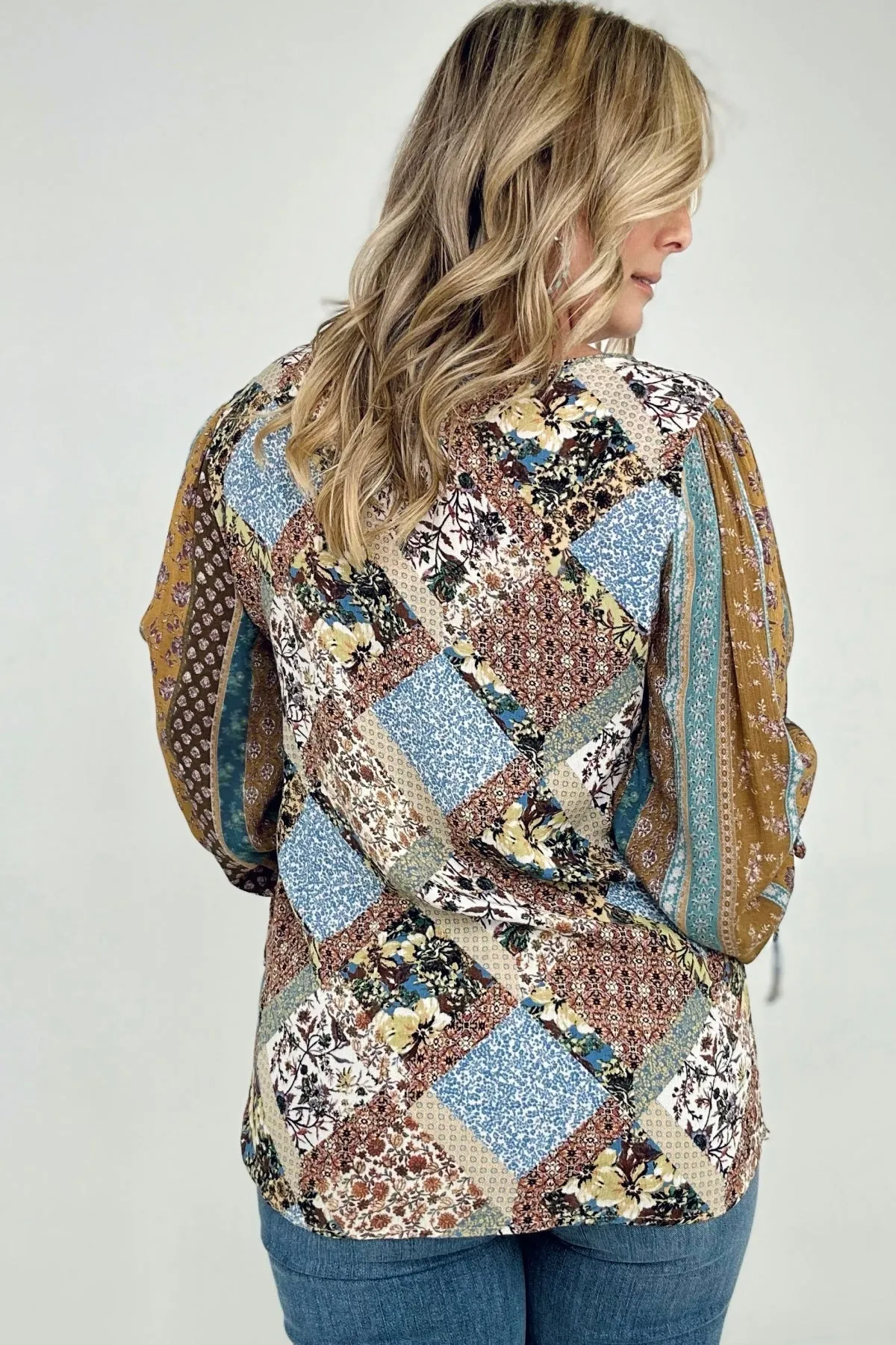 Floral Print Woven W/Stripe Ruched Sleeves Top