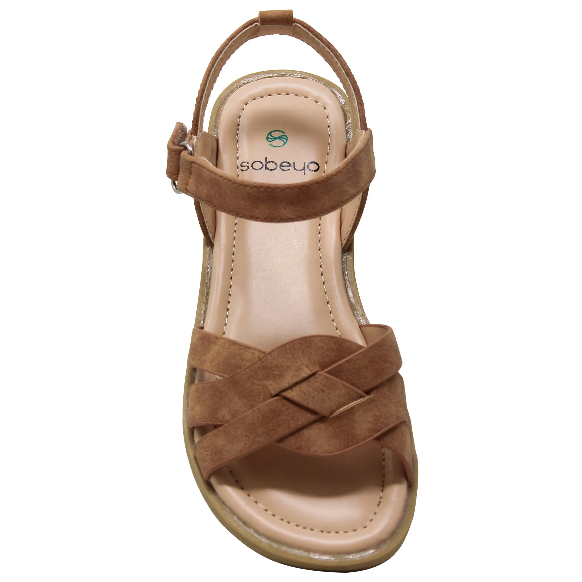 SOBEYO Girls Strappy Platform Cute Ankle Strap Summer Flat Sandals Brown